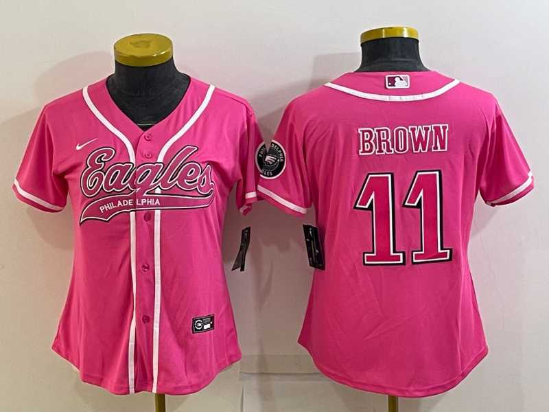 Womens Philadelphia Eagles #11 AJ Brown Pink With Patch Cool Base Stitched Baseball Jersey->women nfl jersey->Women Jersey